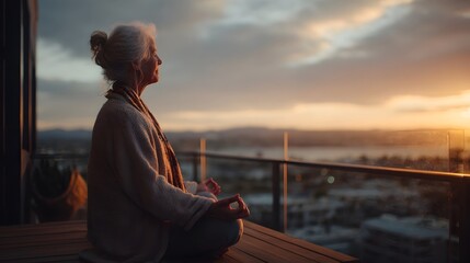 Fototapeta premium Elderly woman with gray hair tied up meditates on a balcony at sunrise, bathed in warm golden light, overlooking a serene city skyline and distant horizon.