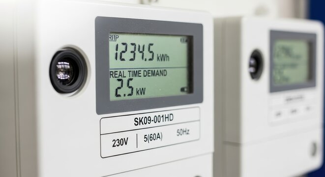 Modern Digital Smart Electricity Meter Showing Real Time Energy Consumption and Kilowatt Hour Usage