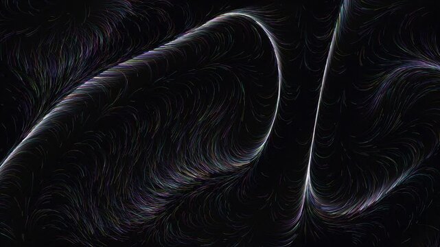 Abstract dark fluid motion background, elegant flowing silk texture with purple highlights, luxury organic wave pattern for cinematic visuals