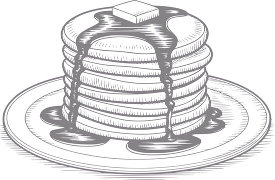 Dibujo a mano de una pila alta de deliciosas tortitas cubiertas con mantequilla derretida y jarabe de arce