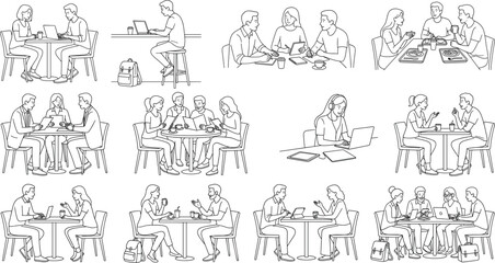 Obraz premium Cafe Meeting and Coworking People Outline Character Collection with Collaboration Line Art Set