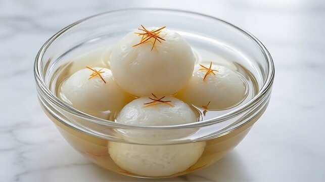 Rasgulla in a glass bowl. Traditional Indian sweet dessert served in syrup.