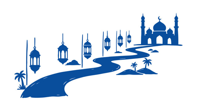 Blue vector illustration of a winding path leading to a mosque with hanging lanterns and palm trees for Ramadan and Eid decoration
