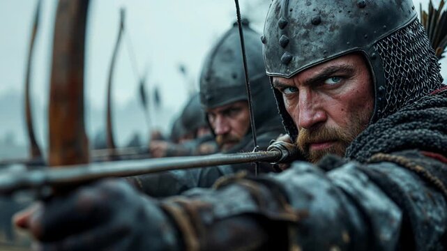 Armored Warrior Gaze Amidlineup Soldiers on Misty Medieval Battlefield