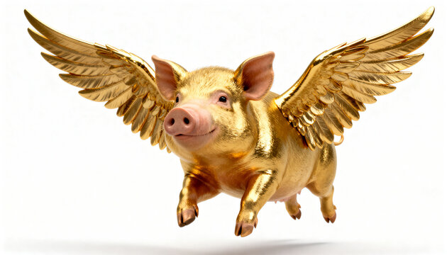 Flying golden pig with feathery wings isolated on white background symbol of impossible success 3D render