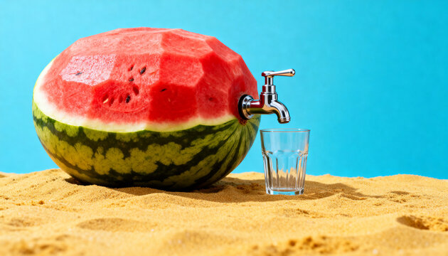 Watermelon dispenser with chrome tap on sunny beach sand under blue sky for refreshing summer drink concept