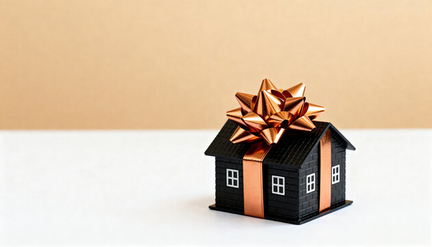 Black miniature house model wrapped in copper gift ribbon on white table against neutral background wall