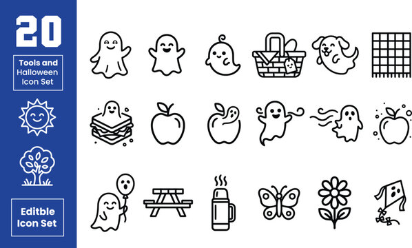 Ghost Picnic Icon Collection With Halloween Outline Vector Elements Friendly Spirits Autumn Nature And Seasonal Doodle Clipart Set