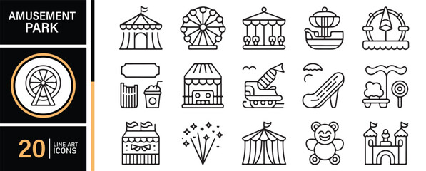 Obraz premium Minimal Carnival Line Icons for Family Recreation, Fairground and Holiday Graphics