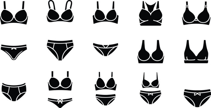 Assortment of black and white bra and panty icons in rows Keywords: bra, bralette, bikini, top, underwear, lingerie, panties