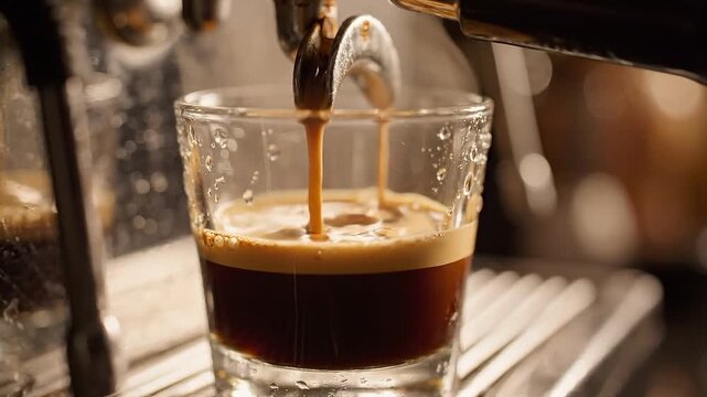Espresso coffee extraction process showing rich crema forming in glass cup as dark liquid flows from machine spout into cup on stainless steel surface