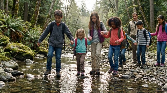 A group of diverse children carefully crossing a shallow stream in a lush forest, holding hands for support. An adult can be seen in the background, supervising their adventure.