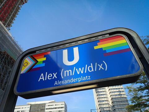 Berlin, Germany - July 25, 2026: Alexanderplatz U-Bahn station sign decorated in rainbow colors for the 48th Christopher Street Day (CSD) Pride Parade in Berlin