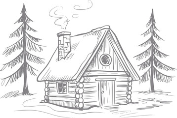 Naklejka premium A charming hand-drawn of a cozy rustic log cabin nestled between two pine trees with smoke in the air