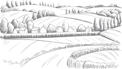 Un encantador dibujo a mano de un pueblo rural tranquilo situado entre colinas onduladas y exuberantes campos verdes