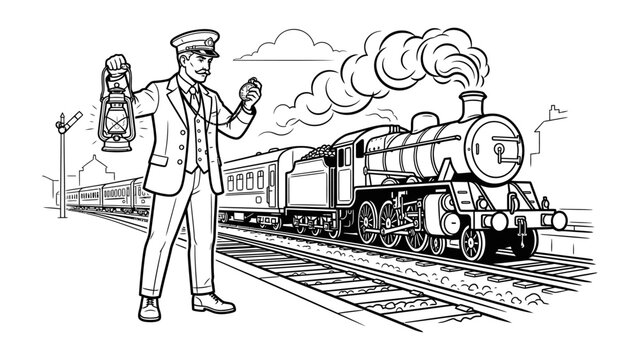 Conductor with Steam Train: A monochrome illustration depicts a station conductor in uniform, holding a lantern and signaling, beside a vintage steam train emitting smoke from its chimney.