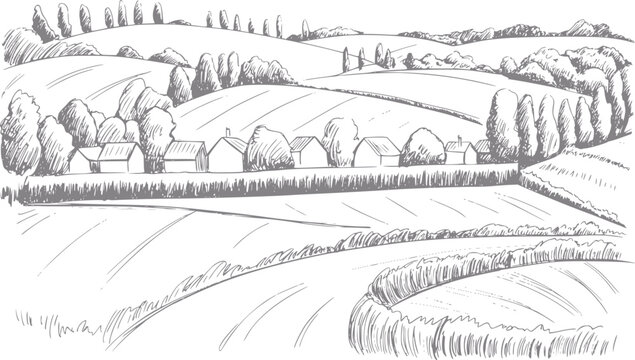Un encantador dibujo a mano de un pueblo rural tranquilo situado entre colinas onduladas y exuberantes campos verdes