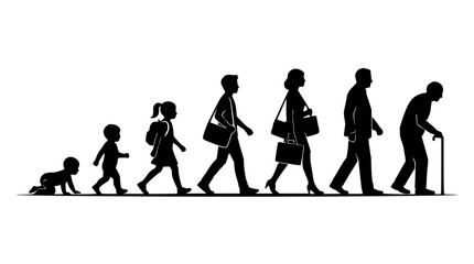 Obraz premium Human life stages set with silhouettes and icons featuring growth, aging, and development with childhood, adulthood, and elderly phases