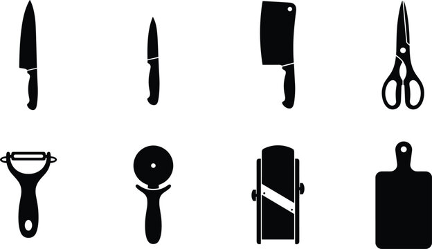 Kitchen Utensil Icons Set with Chef Knives Scissors Peeler Mandoline and Cutting Board