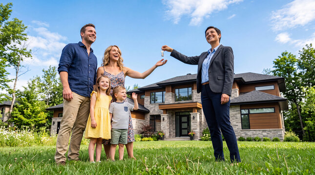 Low angle view of female real estate agent handing house keys to happy family with two kids outdoors. Smiling realtor celebrating property purchase with buyers in front of modern home.