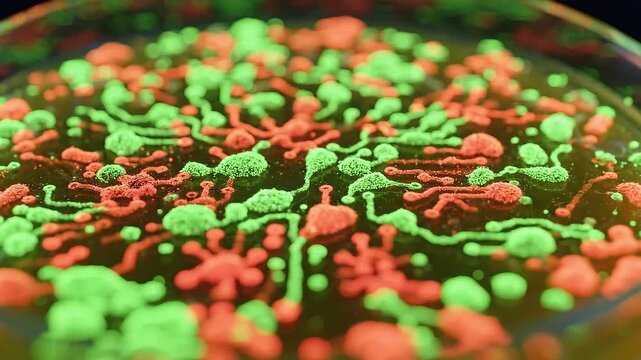 Colorful petri dish with vibrant green and orange microbial growth patterns, showcasing detailed close-ups of the unique textures and shapes in a laboratory setting