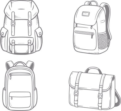 Una colecci&oacute;n de cuatro estilos diferentes de mochilas y bolsos escolares ilustrados en un simple blanco y negro