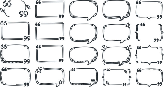  Hand drawn quote text box frames element collection set with quotation marks, speech bubbles, commas, brackets, and stars for social media graphics.