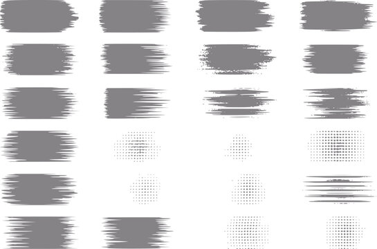 Una colecci&oacute;n de trazos de pincel art&iacute;sticos grises y patrones de puntos de semitono aislados sobre un fondo blanco limpio