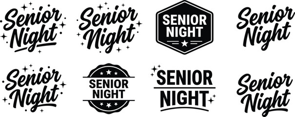 Obraz premium Senior Night typography design, black and white lettering, decorative stars, bold event logo variations, graduation celebration concept, school spirit flat vector illustration
