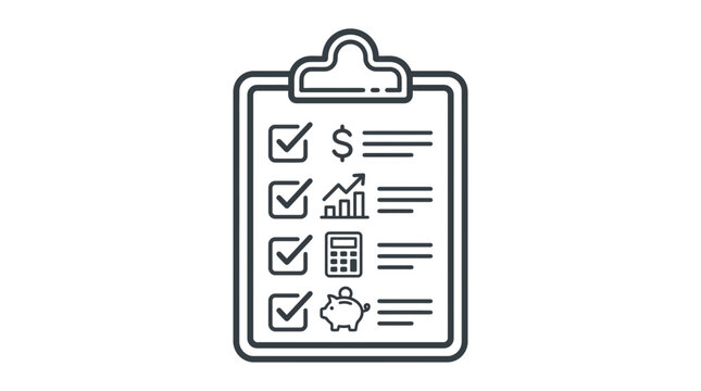 A clipboard icon featuring a financial checklist with icons for currency growth calculator and savings isolated on a white background