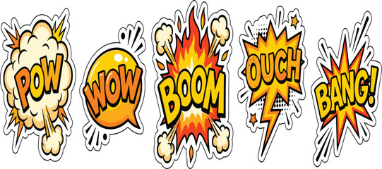   Comic book sound effect stickers set with boom, pow, wow, bang, and ouch speech bubbles and blast explosion clouds for pop art designs. © Khali