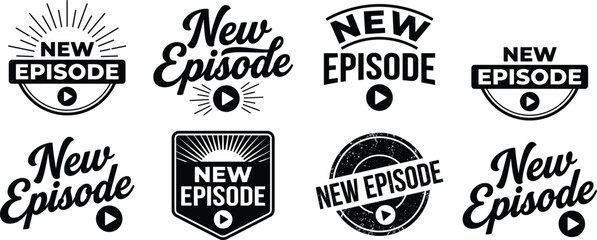 Obraz premium New Episode typography logo design, play button decorative text, bold lettering, streaming promotion concept, podcast branding flat vector illustration