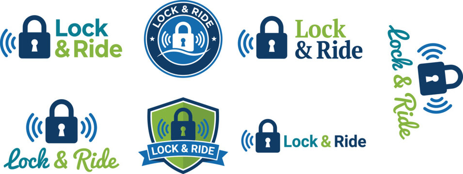 Lock & Ride logo typography design, padlock with signal waves, security branding concept, wireless connectivity emblem, mobility protection flat vector illustration