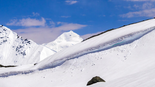 Shinku La Pass Himalayan Landscape with Snow-Covered Peaks, Blue Ice and Pristine Winter Mountain Terrain