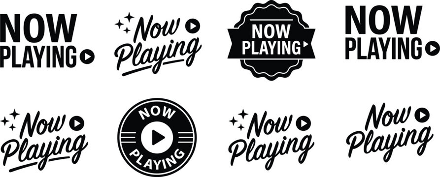 Now Playing typography logo design, play button icon, decorative stars, bold lettering, media branding concept, entertainment flat vector illustration