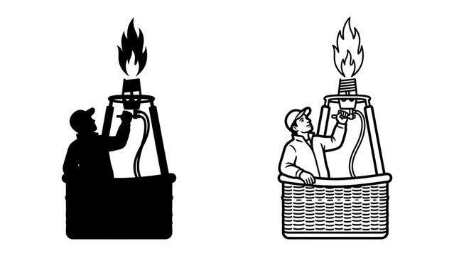 Hot Air Balloon Ignition: A graphic illustration shows a pilot in a balloon basket igniting the burner, preparing for flight with flames soaring upwards.