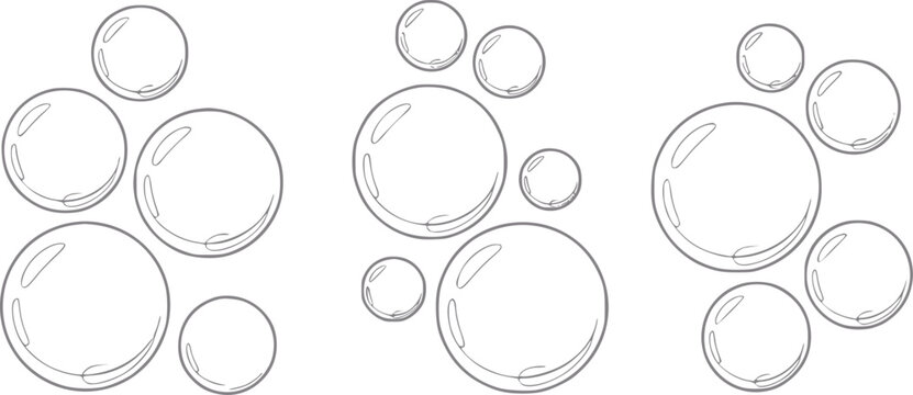 Una colecci&oacute;n de dibujos lineales simples que presentan grupos de burbujas de jab&oacute;n flotantes sobre fondo blanco