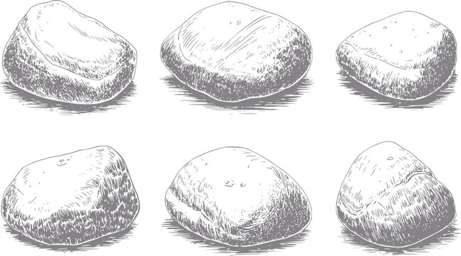 Una colecci&oacute;n de seis dibujos a mano de varias piedras de r&iacute;o lisas aisladas sobre fondo blanco