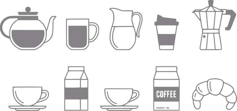 Una colecci&oacute;n de iconos de l&iacute;neas grises simples que representan varios elementos de caf&eacute;, t&eacute;, desayuno y bebidas