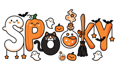 Obraz premium Cute vector illustration of the word Spooky decorated with cartoon ghosts, pumpkins, black cat, potion bottle, broom, and flying bats for Halloween designs.