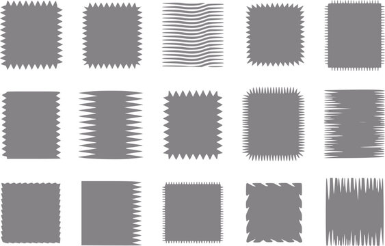 Una colecci&oacute;n de varias formas cuadradas grises con diferentes bordes decorativos y bordes texturizados sobre fondo blanco