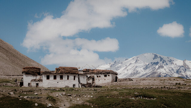 Zanskar and Ladakh village view of traditional mud and stone houses on green pastures with snow capped Himalayan peaks under a bright blue sky
