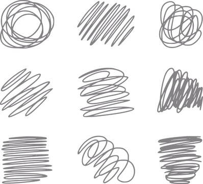 Una colecci&oacute;n de varios garabatos de l&aacute;piz gris dibujados a mano, lazos desordenados y marcas abstractas sobre fondo blanco