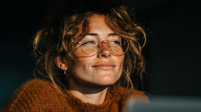 Freckled Woman in Red Glasses with a Thoughtful Gaze