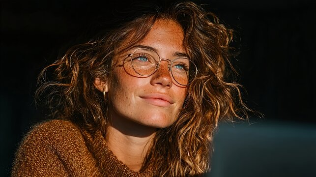 Freckled Woman in Red Glasses with a Thoughtful Gaze