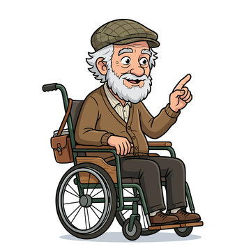 A wise elderly man with a cheerful expression enjoys a moment of storytelling in his wheelchair, radiating warmth and wisdom while embodying the beauty of life's experiences.