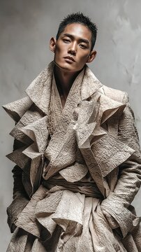 Man in Sculptural Avant-Garde Tailoring with Textured Layers