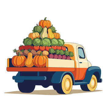 This image features a vintage truck overflowing with a colorful array of fresh vegetables and pumpkins, highlighting a bountiful harvest and the charm of rural life.