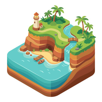 This vibrant coastal landscape showcases a serene setting with a charming lighthouse, lush palm trees, flowing water, and a small boat, perfect for relaxation.