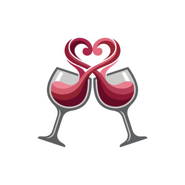 A joyful image of two elegant red wine glasses clinking together, creating a heart shape with the flow of wine, ideal for celebrating love and special occasions.